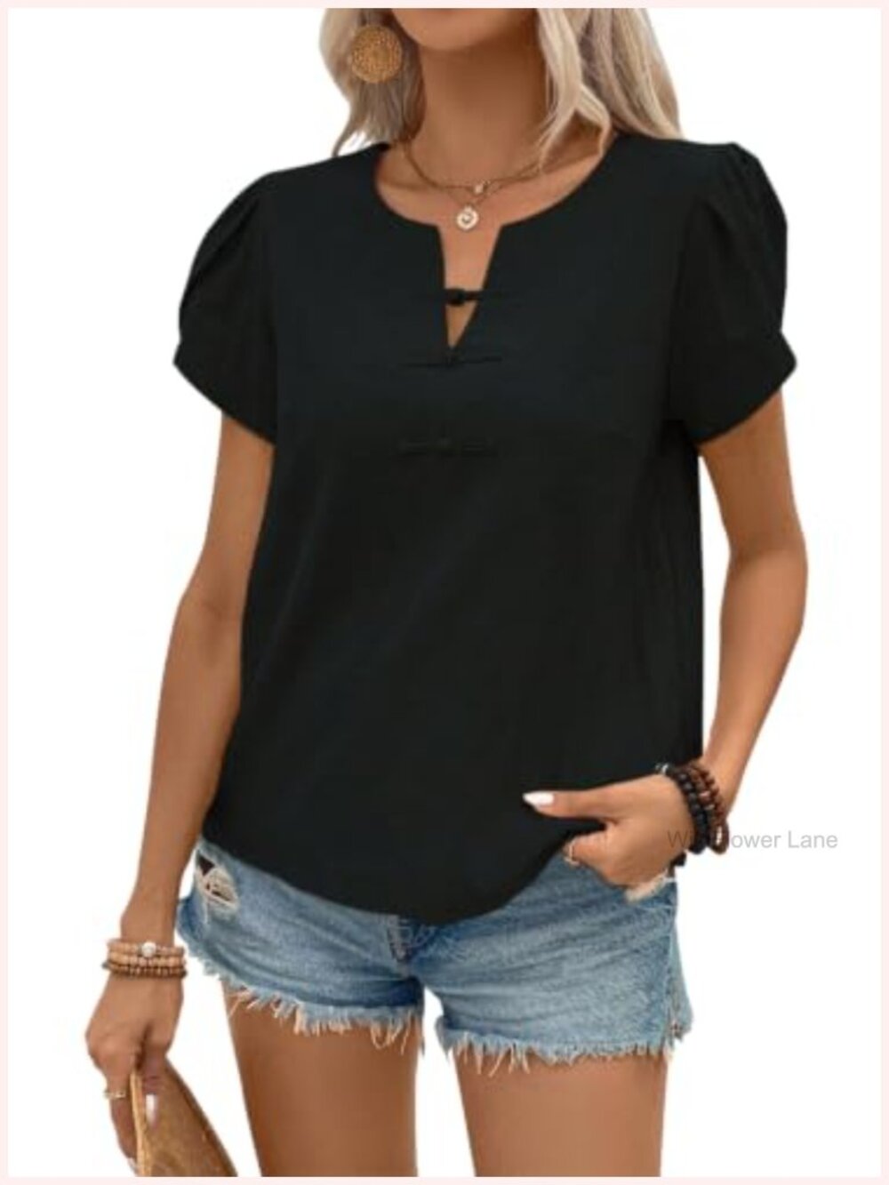 Womens Henley V Neck Petal Short Sleeve Blouse Casual Dressy Top